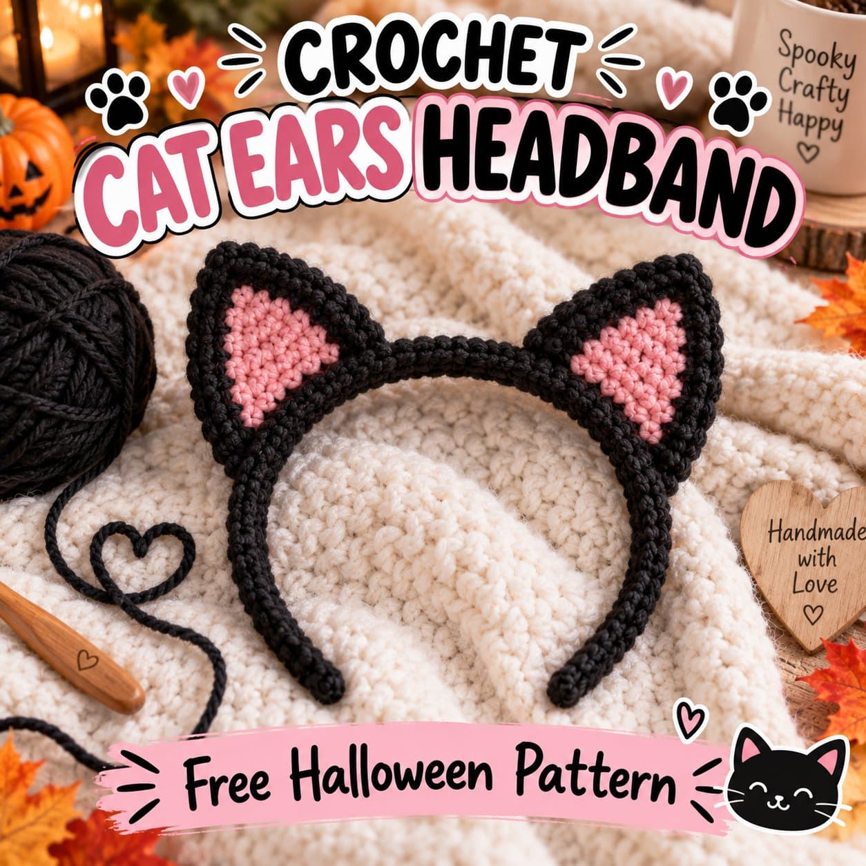 Black crochet cat ears headband with pink inner ears on a cream blanket, with the title Crochet Cat Ears Headband and the words Free Halloween Pattern