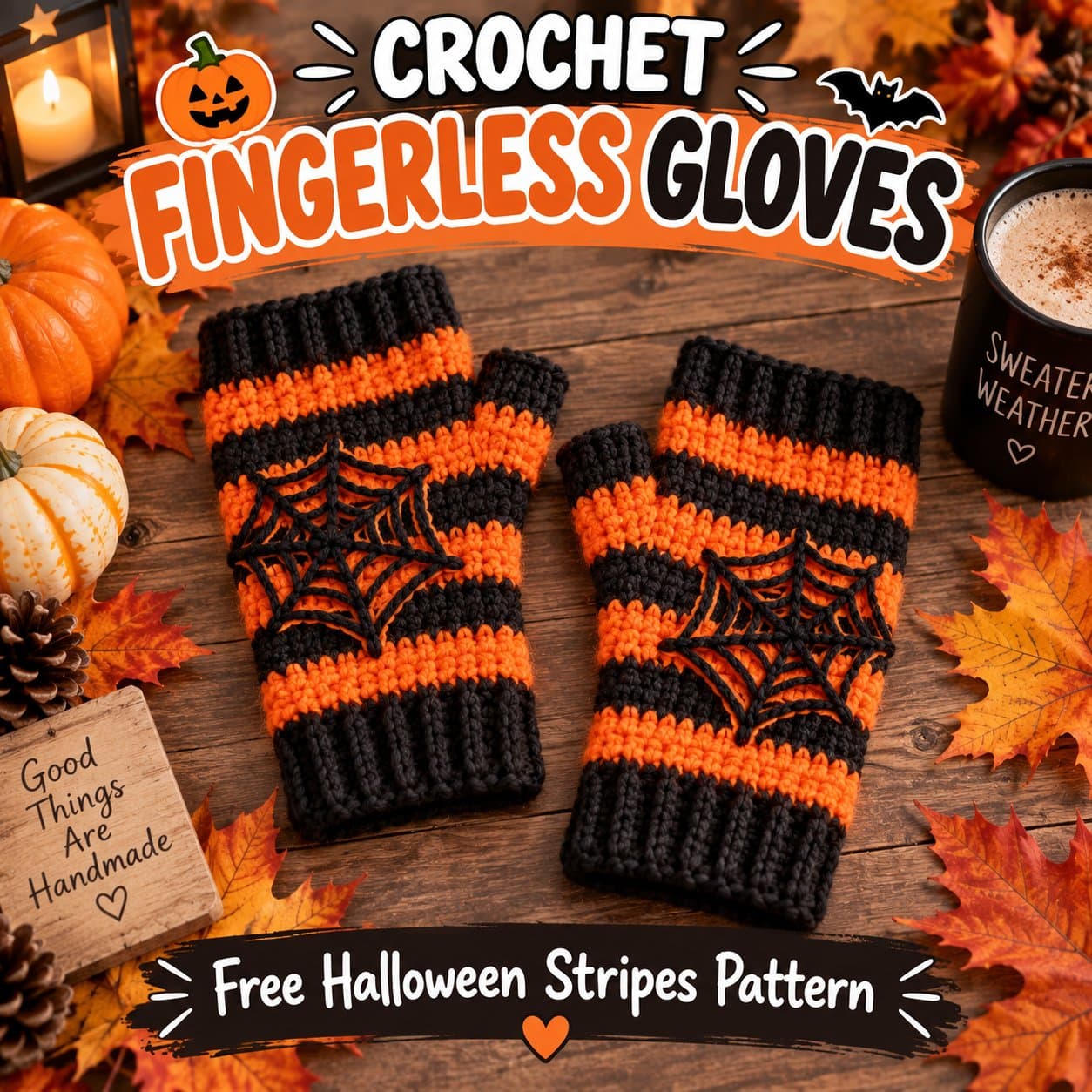 Pair of orange and black striped crochet fingerless gloves with a spiderweb detail, with the title Crochet Fingerless Gloves and the words Free Halloween Stripes Pattern
