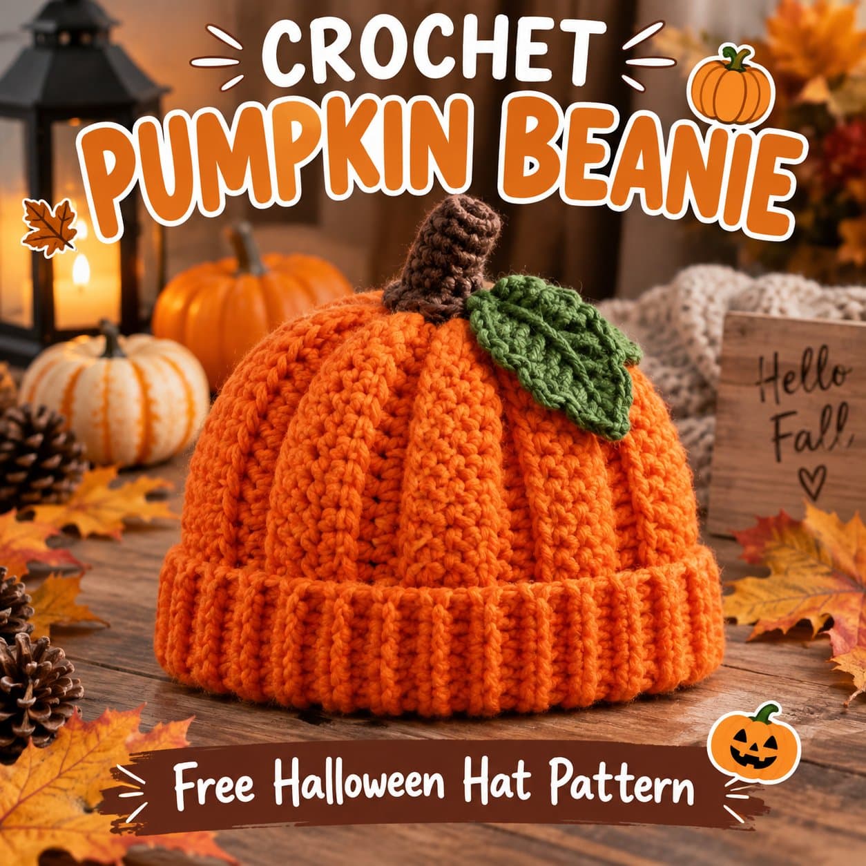 Orange crochet pumpkin beanie with a ribbed brim, brown stem and green leaf among autumn pumpkins, with the title Crochet Pumpkin Beanie and the words Free Halloween Hat Pattern