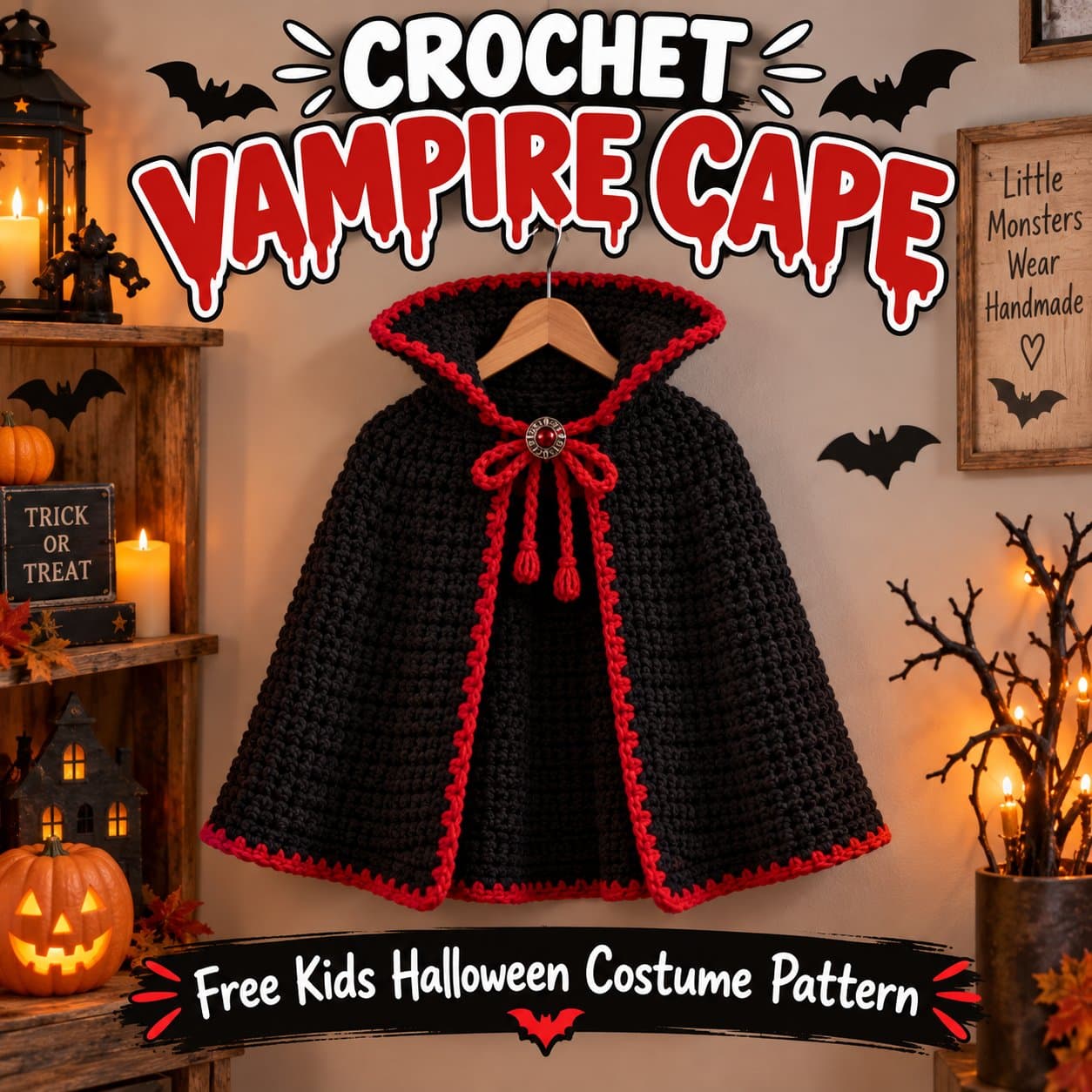 Black crochet vampire cape with a tall collar, red trim and a red tie hanging on a wooden hanger, with the title Crochet Vampire Cape and the words Free Kids Halloween Costume Pattern