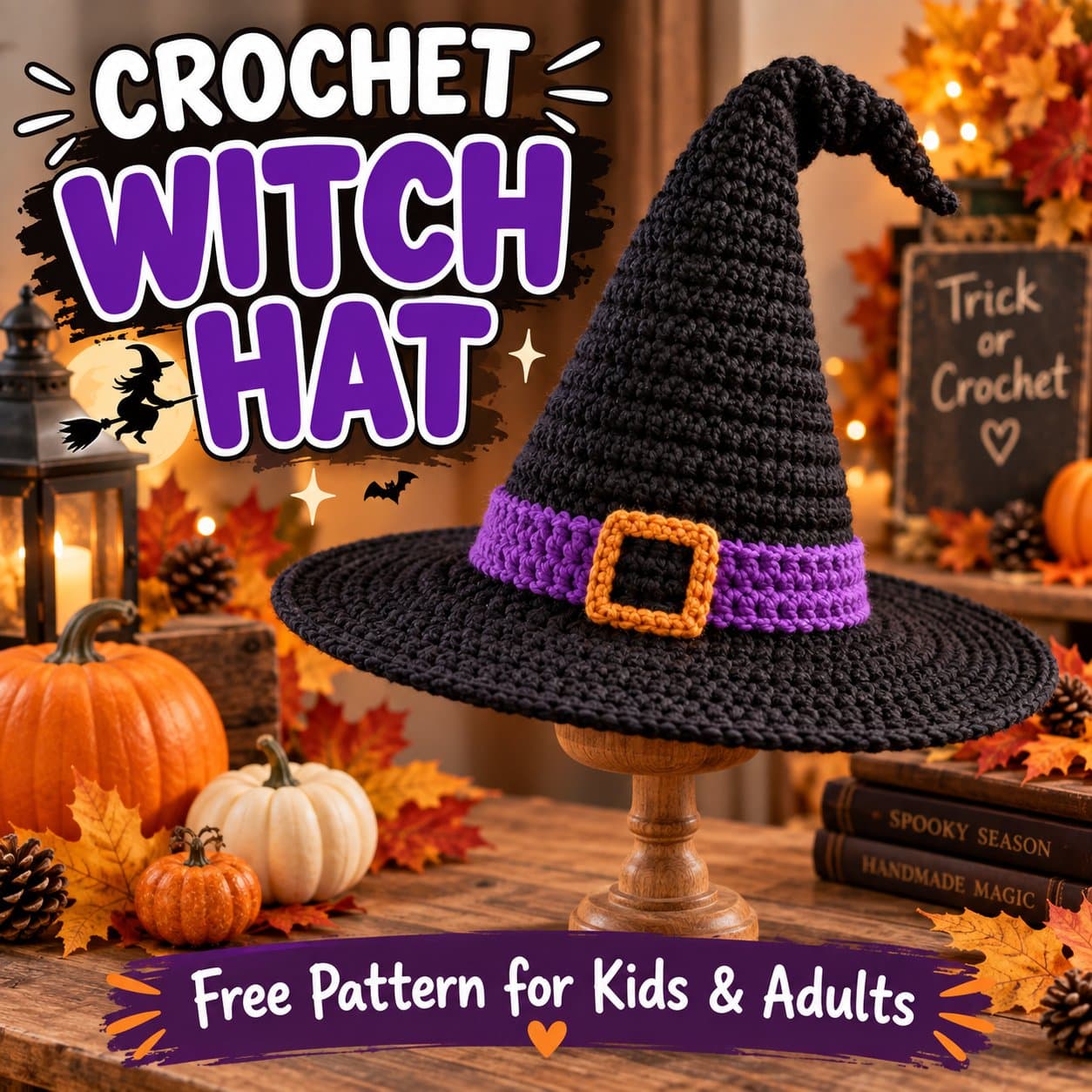 Black crochet witch hat with a purple band and gold buckle on a wooden stand, with the title Crochet Witch Hat and the words Free Pattern for Kids and Adults