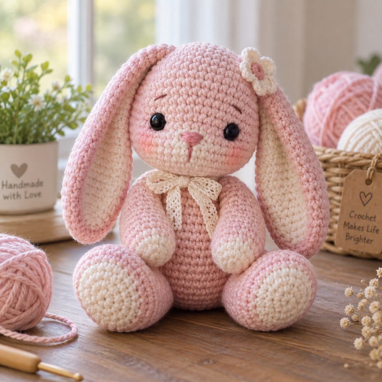 Pink and cream crochet bunny with long floppy ears and a flower clip, sitting beside balls of pink yarn