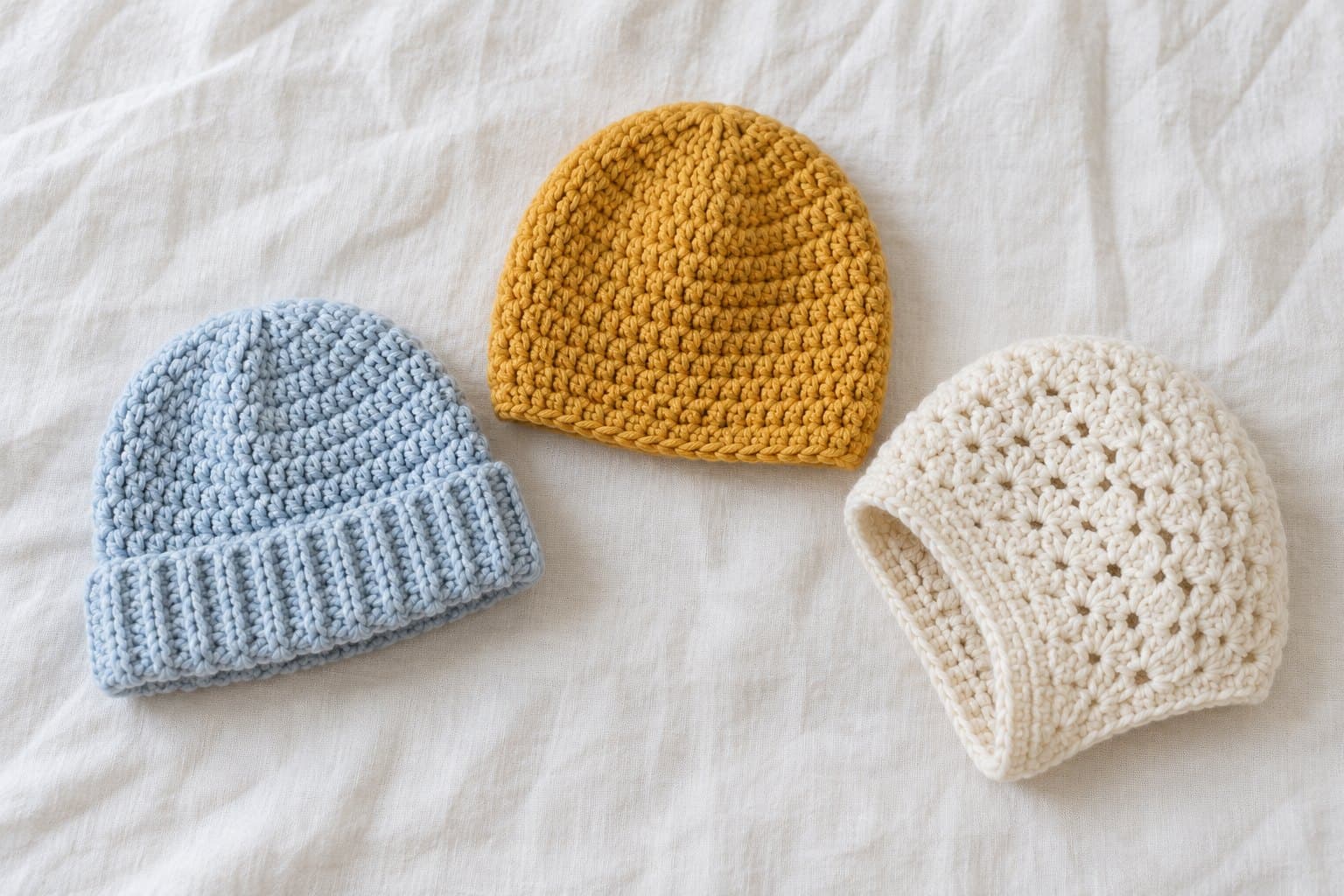 Three crochet baby hats in blue, mustard and cream arranged on linen