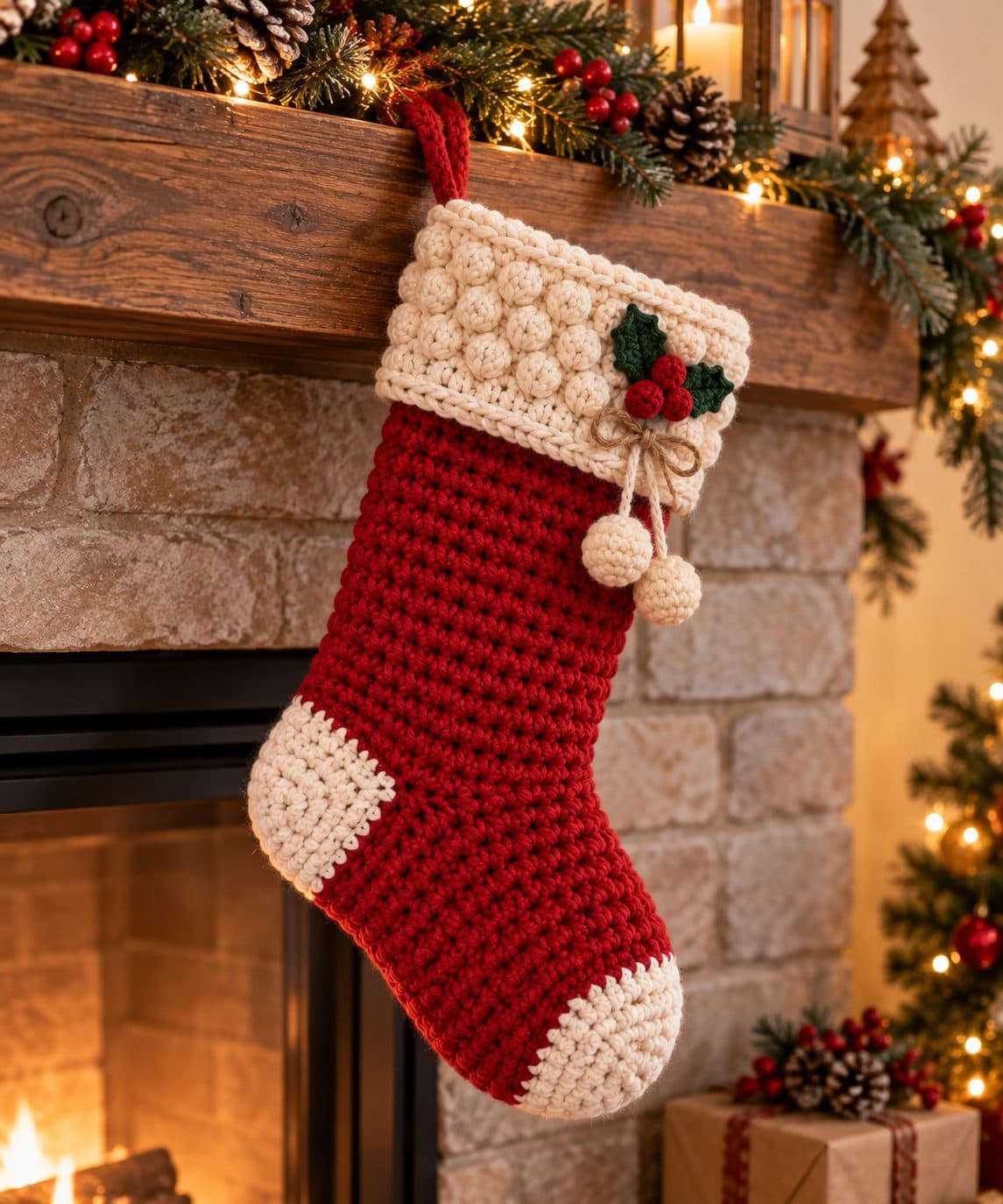 Red crochet Christmas stocking with a cream textured cuff hanging from a fireplace mantel