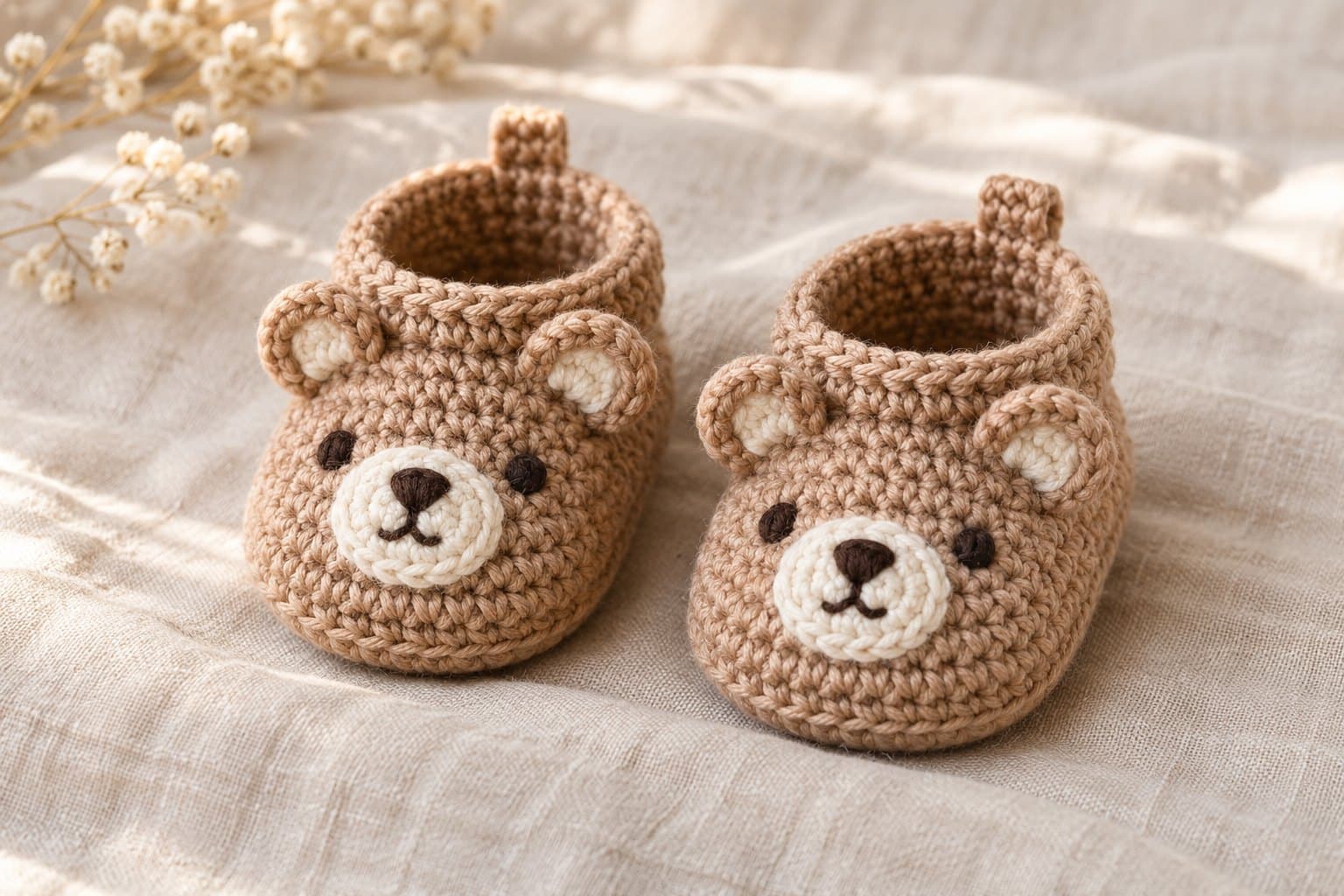 Pair of tan crochet baby booties with round bear ears and embroidered faces