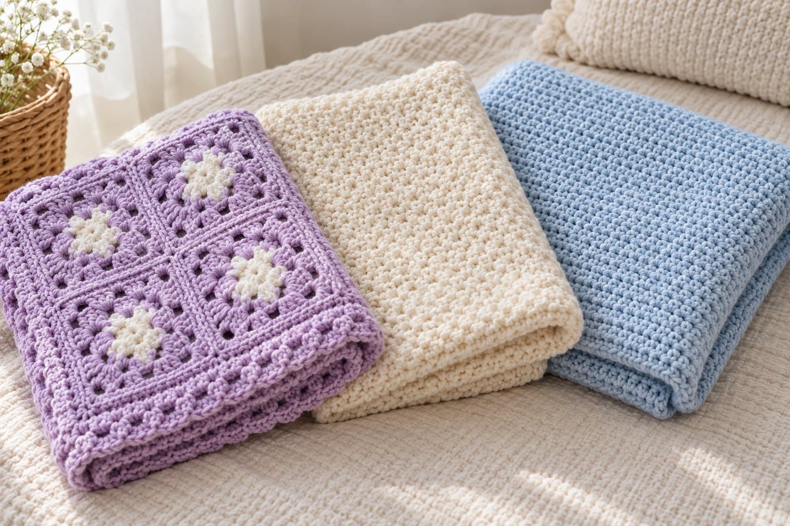 Lilac, cream and pale blue crochet baby blankets showing three stitch textures