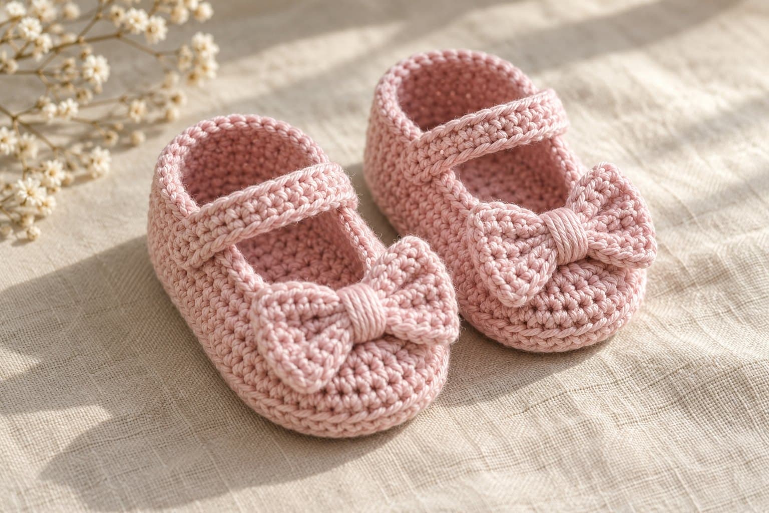 Pair of blush crochet baby shoes with soft bows and ankle straps