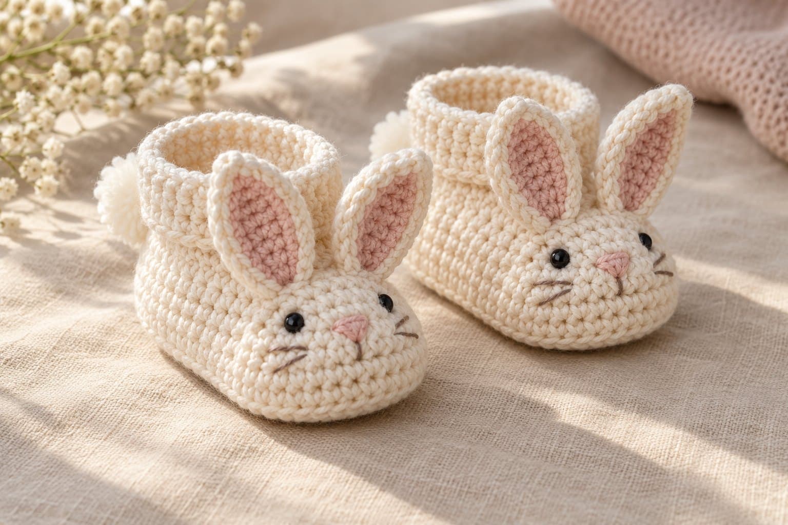 Pair of cream crochet bunny booties with tall pink-lined ears and embroidered faces