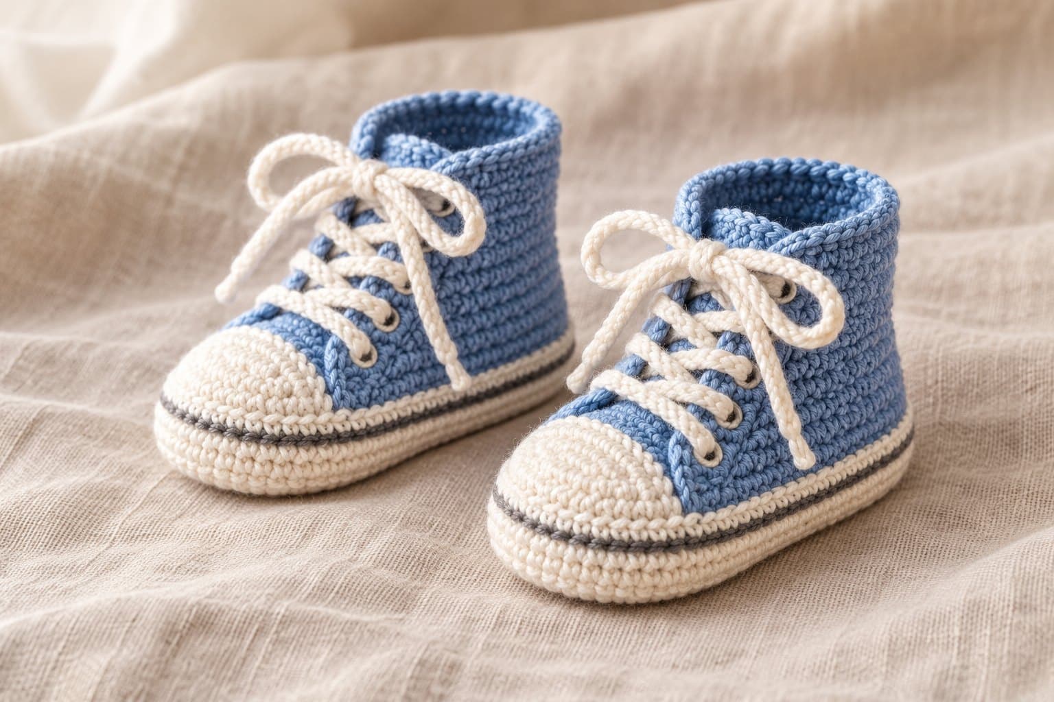 Pair of blue crochet high-top baby sneakers with cream soles and laces