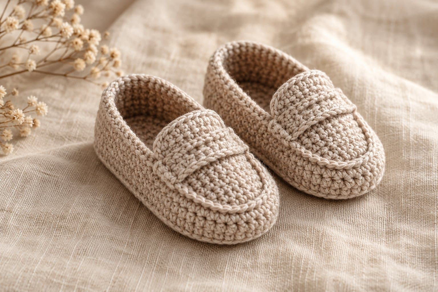 Pair of oatmeal crochet baby loafers with softly structured uppers