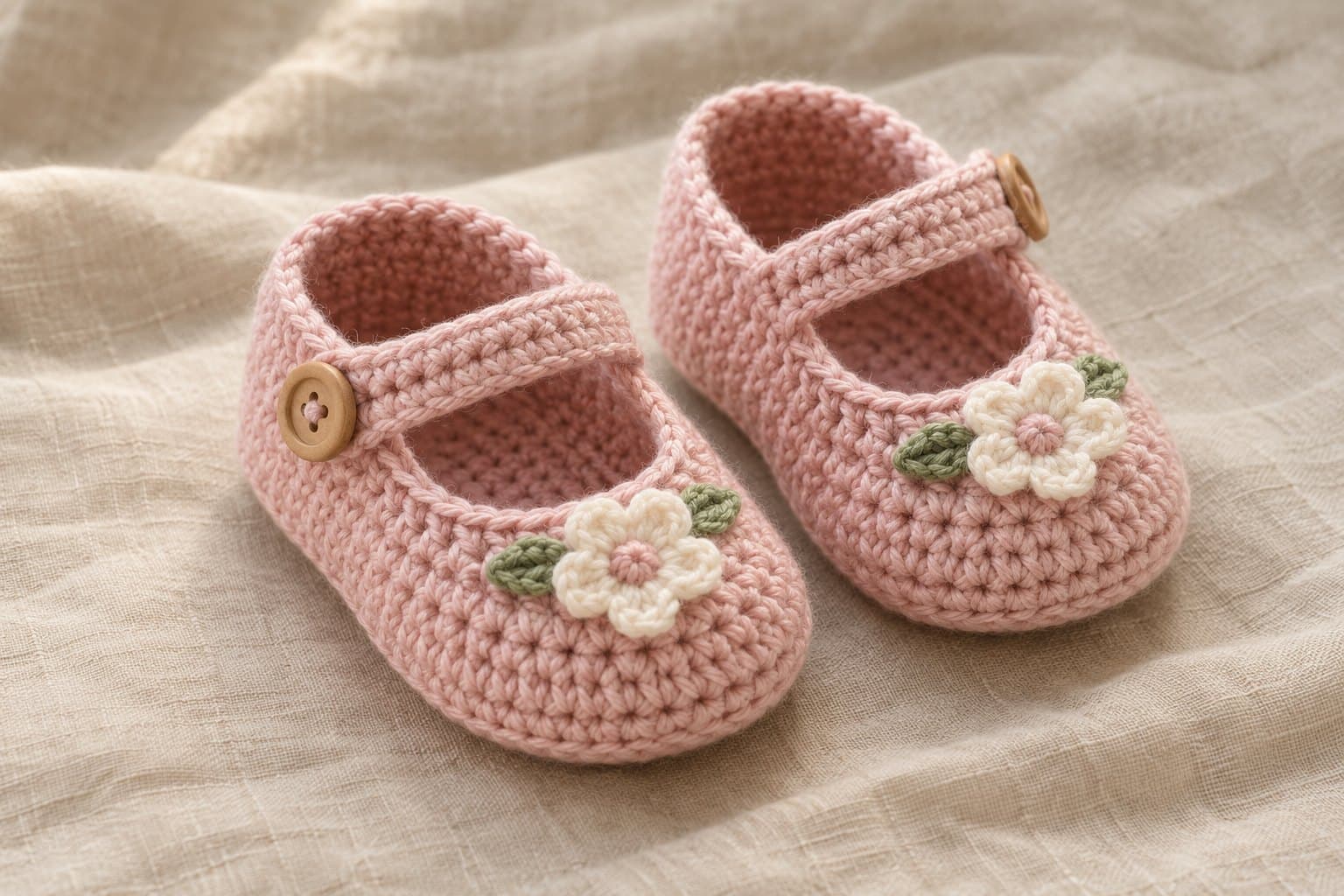 Pair of blush crochet Mary Jane baby shoes with ankle straps and flower accents