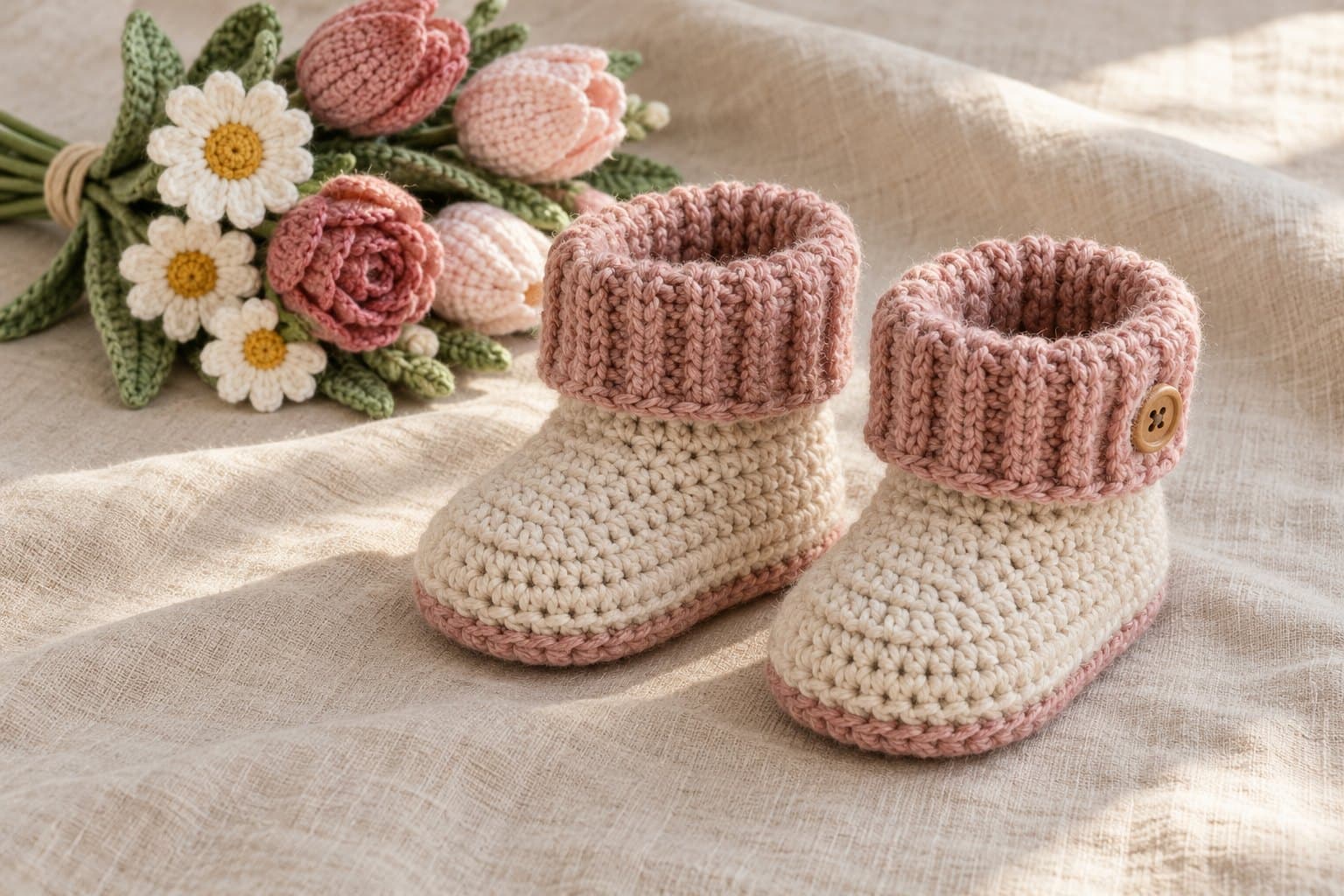 Pair of cream crochet baby boots with dusty rose ribbed cuffs and soles