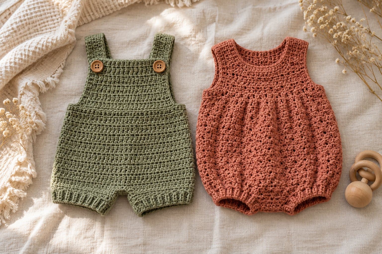 Sage and terracotta crochet baby rompers laid side by side