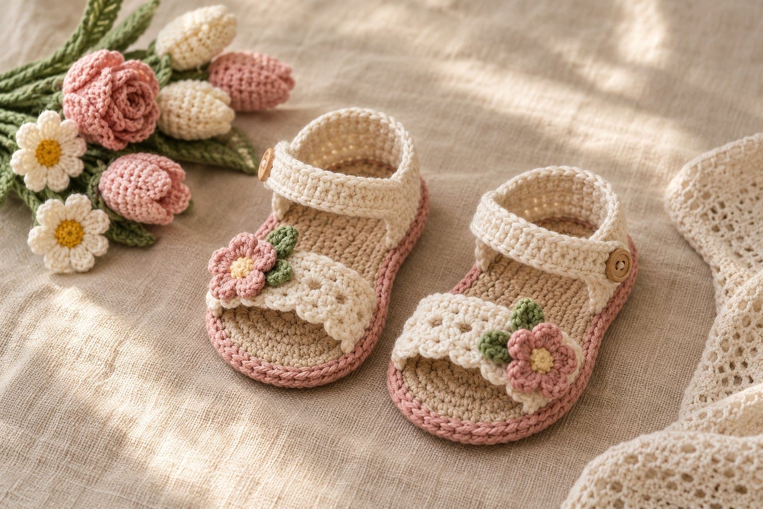 Pair of cream crochet baby sandals with blush soles and flower accents