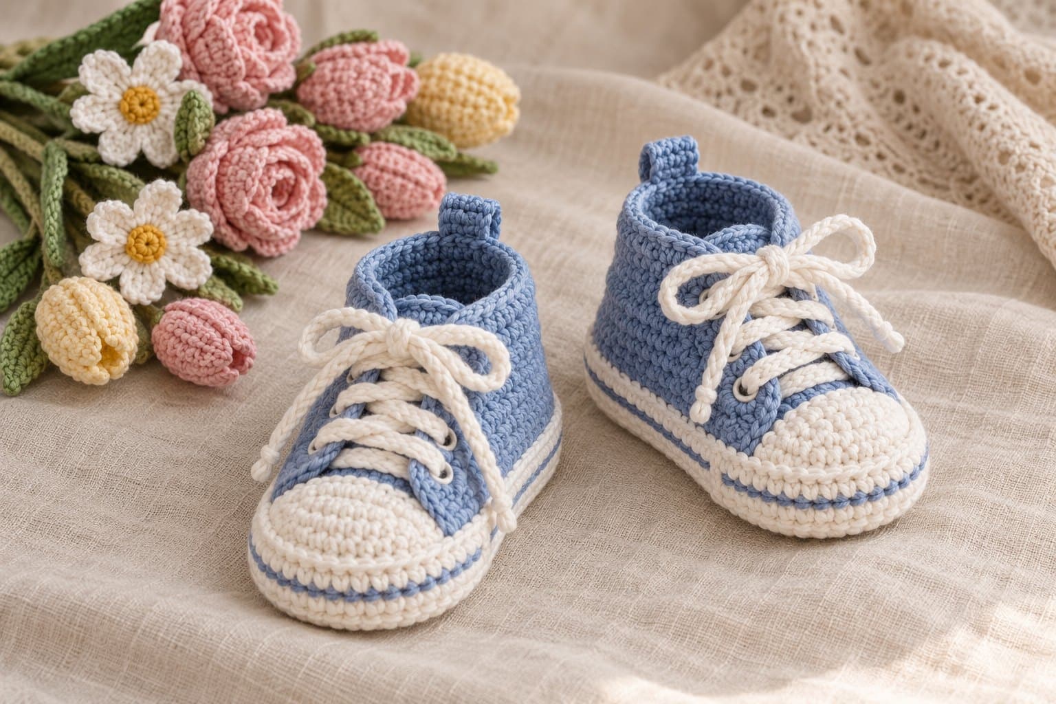 Pair of blue crochet baby sneakers with cream toe caps, soft soles and laces