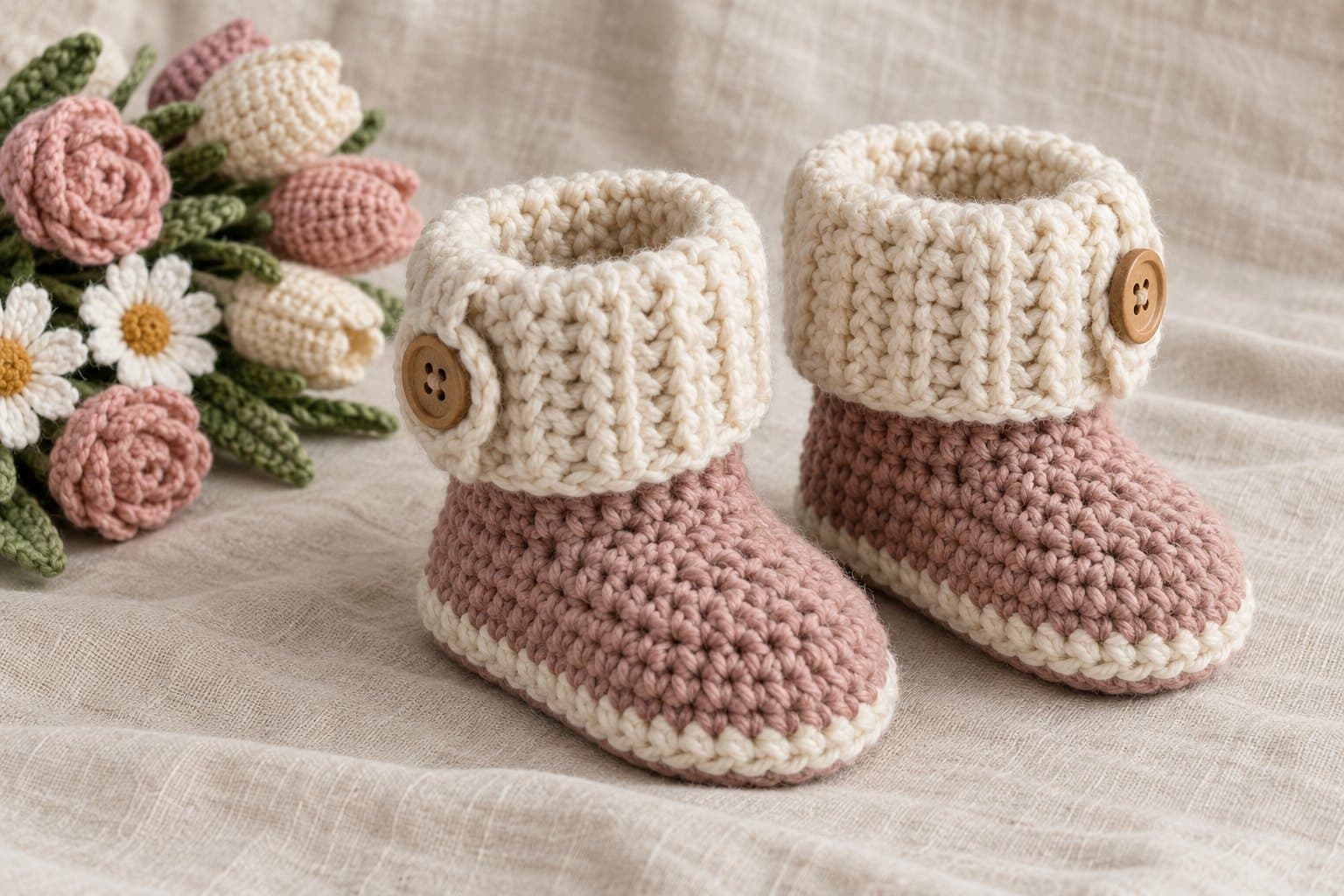 Pair of dusty rose crochet baby winter boots with thick cream cuffs