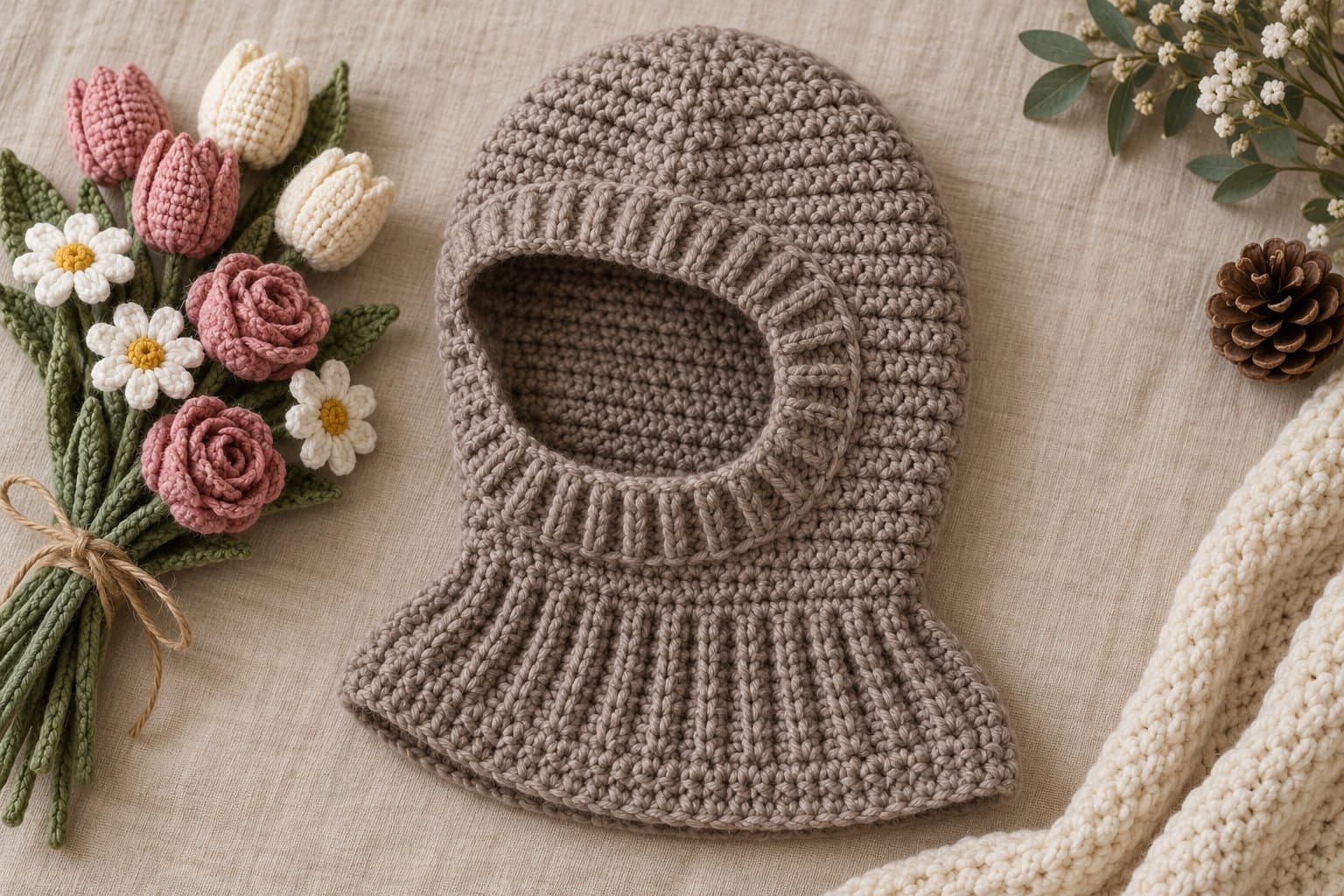 Taupe crochet balaclava with ribbed face opening and flared neck coverage