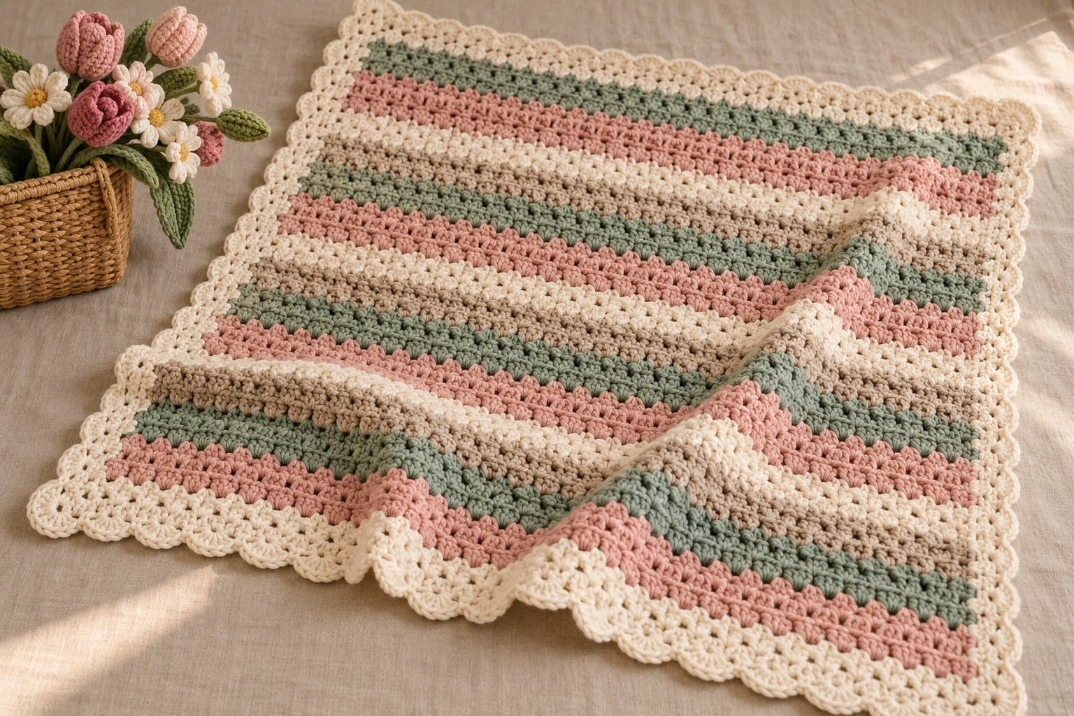 Sage, blush and cream striped crochet blanket with a cream scalloped border