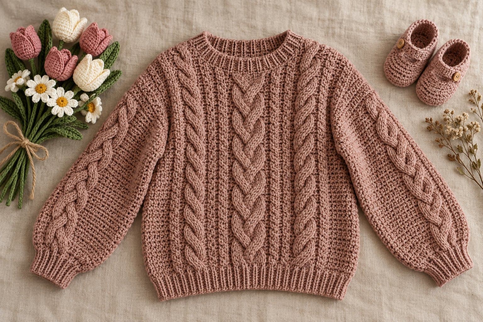 Dusty rose crochet pullover with raised cable texture and ribbed cuffs