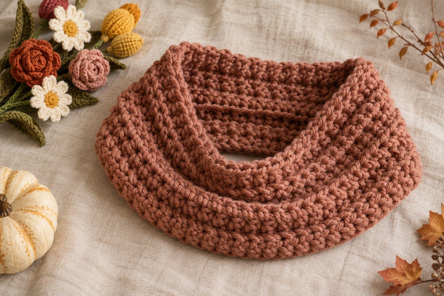 Rust crochet cowl with chunky textured stitches