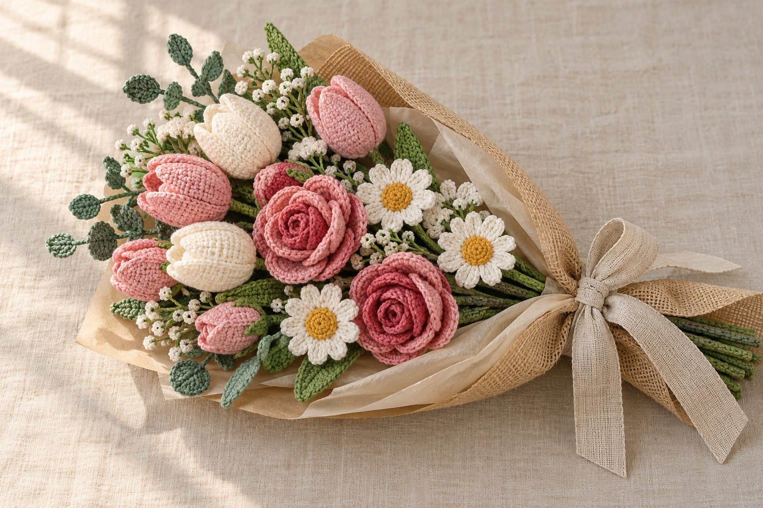Gift-wrapped crochet bouquet of roses, tulips and daisies with green stems