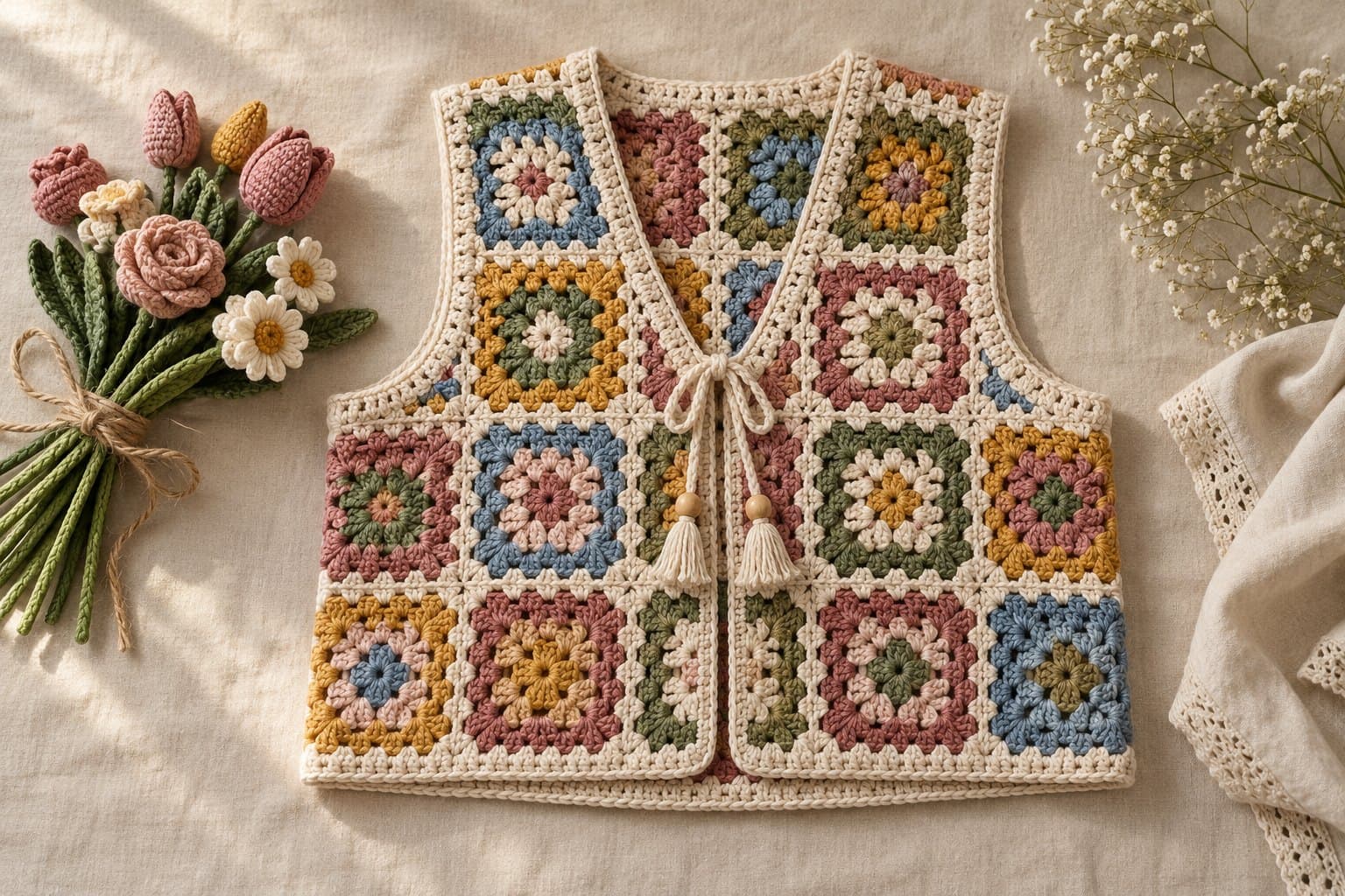Colorful granny square crochet vest with cream edging and a V neckline