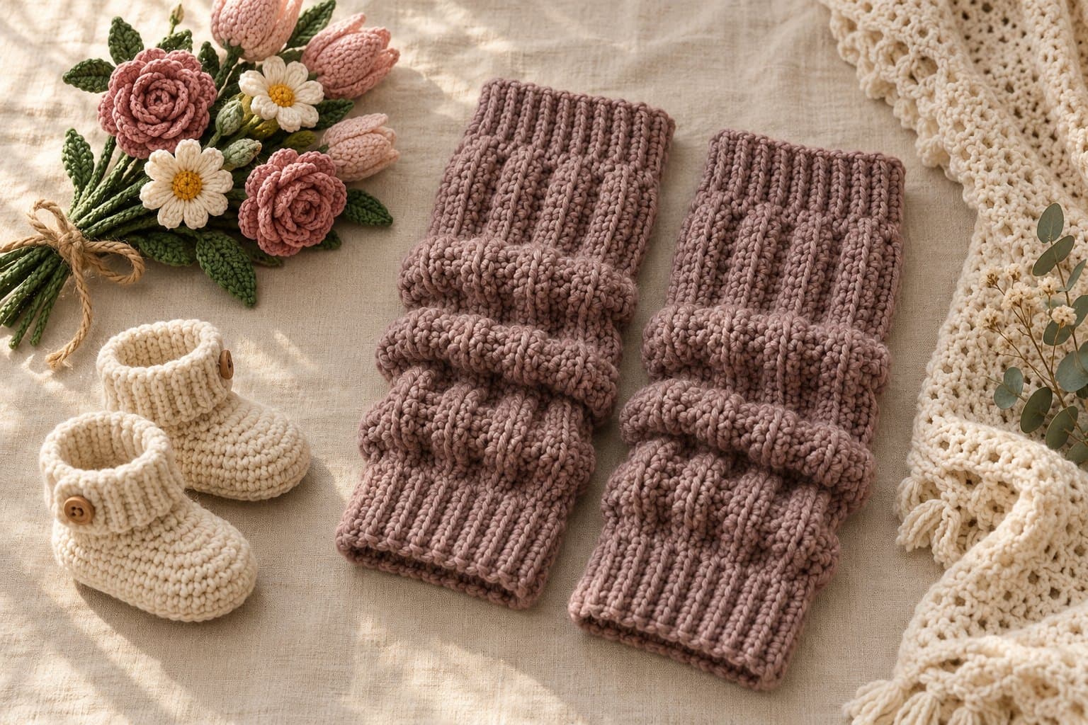 Pair of dusty rose crochet leg warmers with ribbed cuffs and textured gathered sections