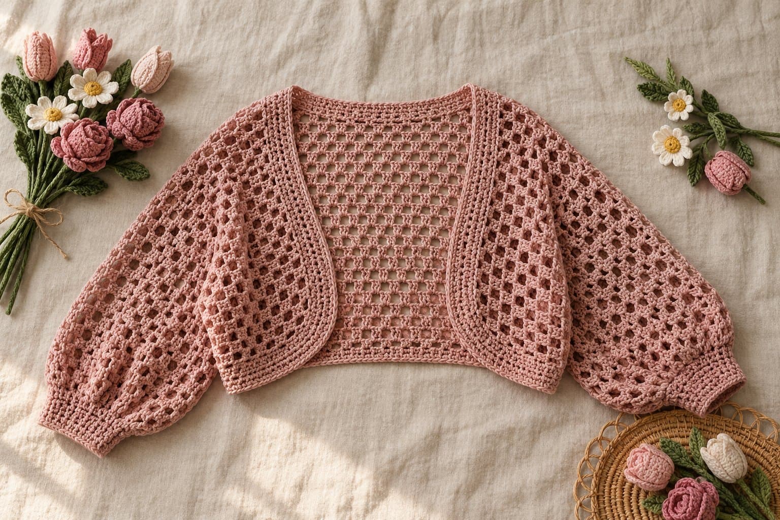 Dusty rose cropped crochet shrug with airy mesh sleeves