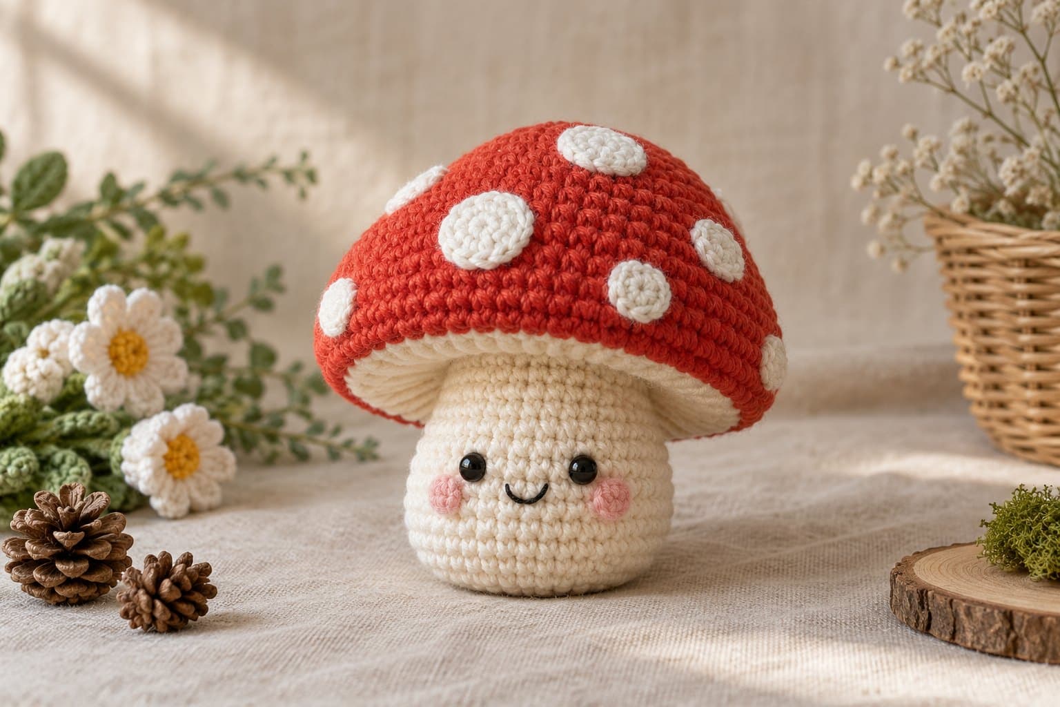 Crochet mushroom toy with a red white-spotted cap and smiling cream stem