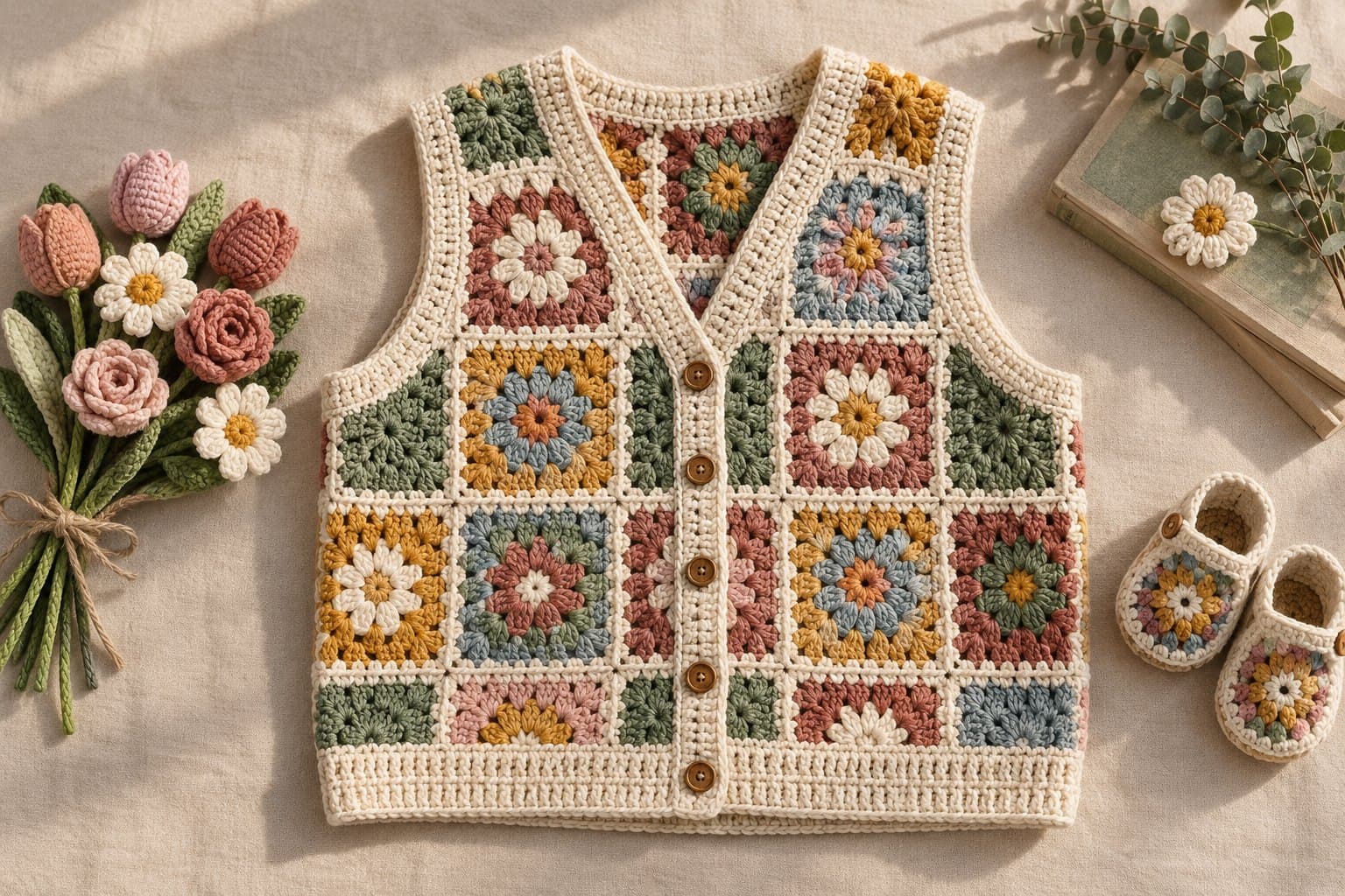Button-front granny square crochet vest in muted autumn colors with cream trim