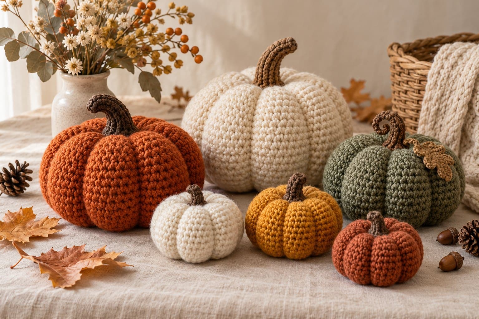 Crochet pumpkins in rust, cream, sage and mustard with shaped stems