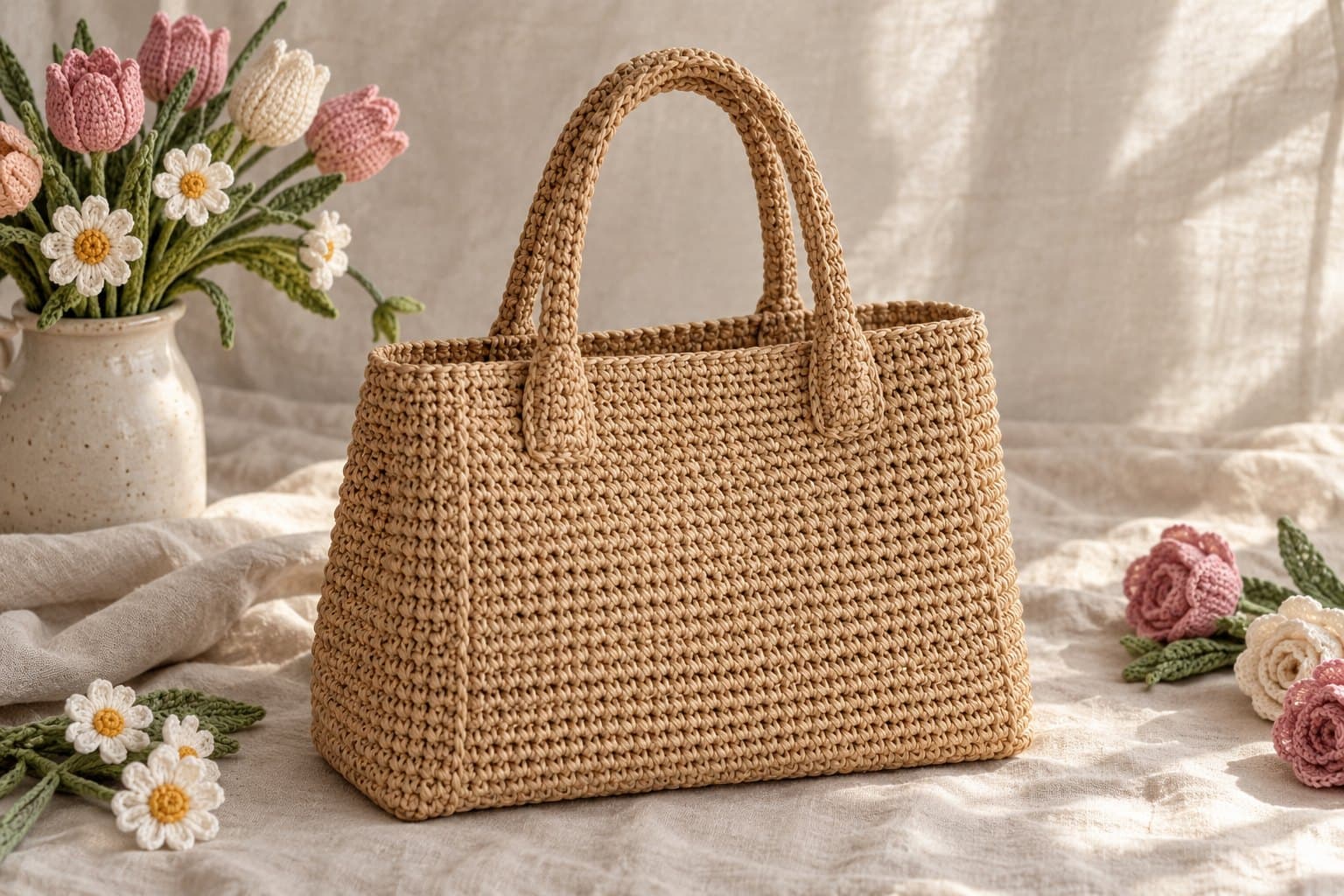Structured natural raffia crochet handbag with a firm flat base and twin handles