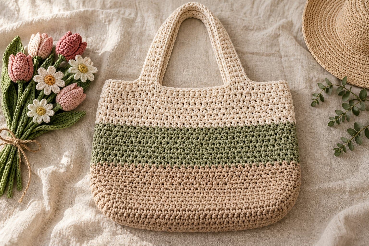 Cream and sage striped crochet tote with sturdy handles