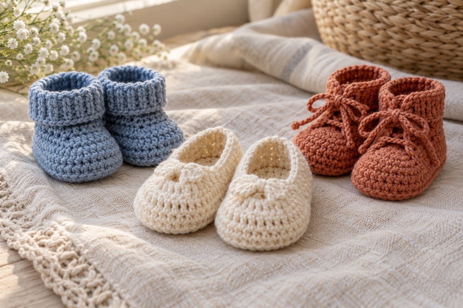 Three pairs of crochet baby booties with cuffs, slipper uppers and laces