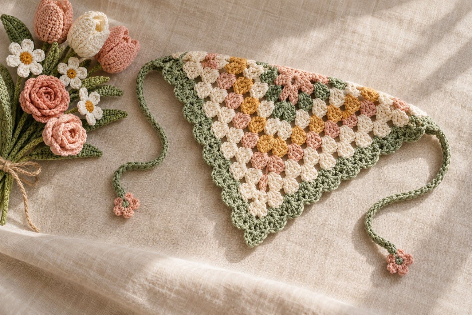 Triangular granny-stitch crochet bandana in cream, sage and muted autumn colors with ties