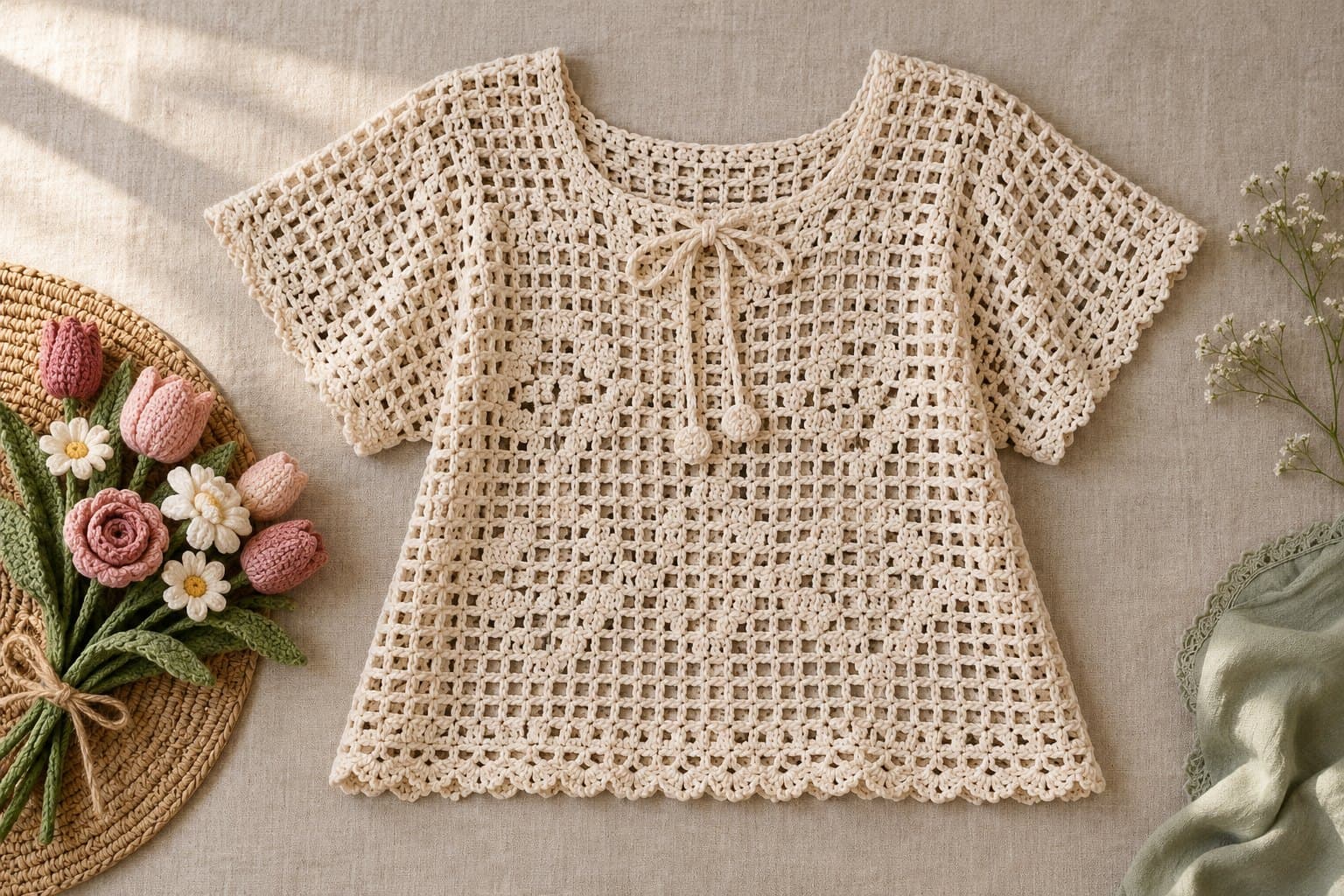 Cream short-sleeved filet crochet top with openwork floral motifs and neckline ties