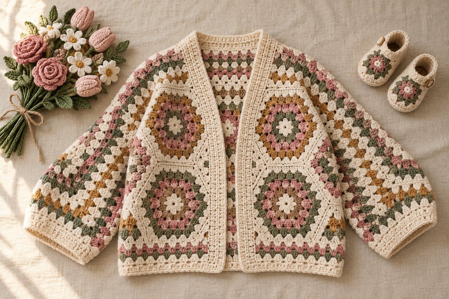 Relaxed cream crochet granny cardigan with multicolored motifs and striped sleeves
