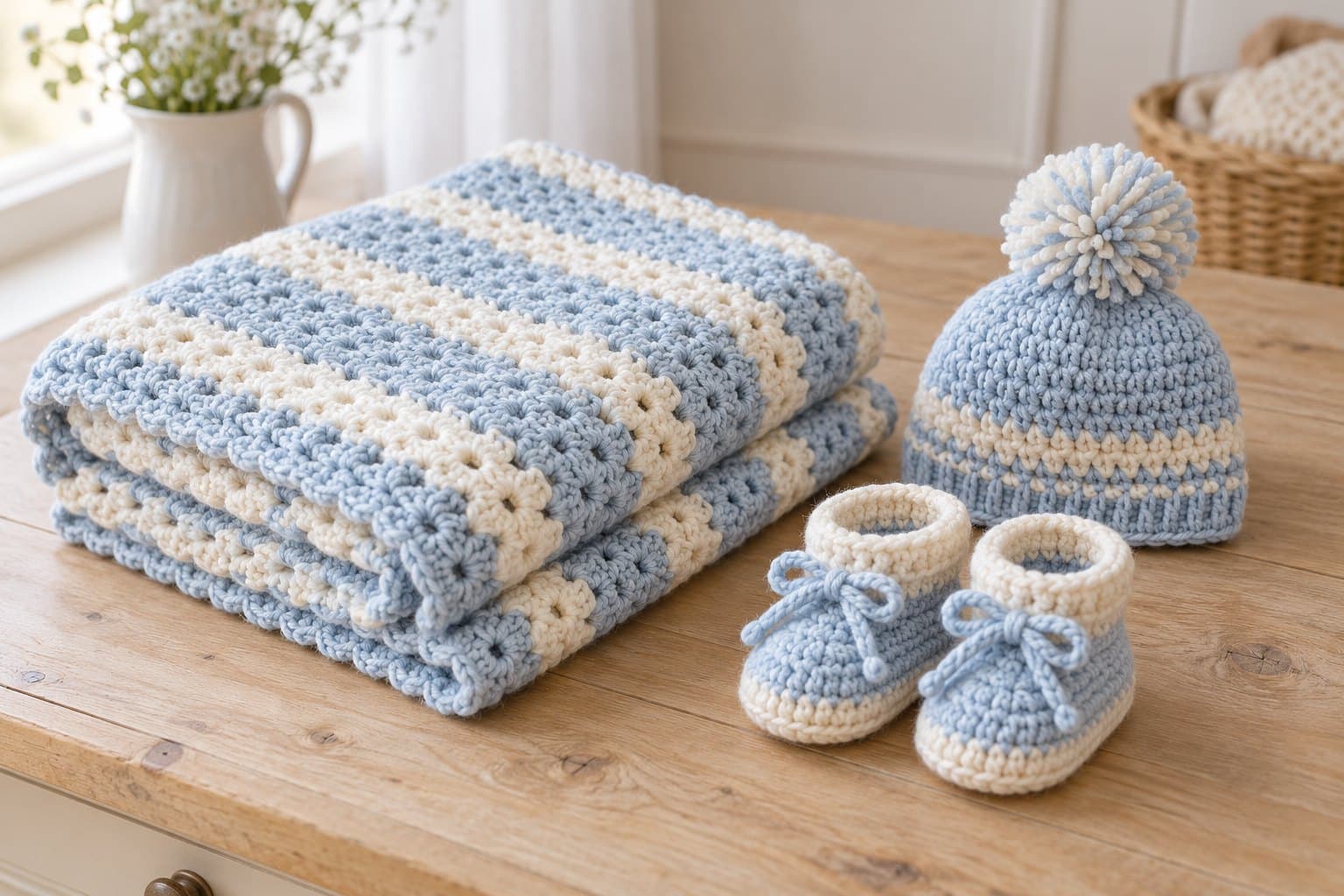 Matching blue and cream crochet baby blanket, beanie and booties
