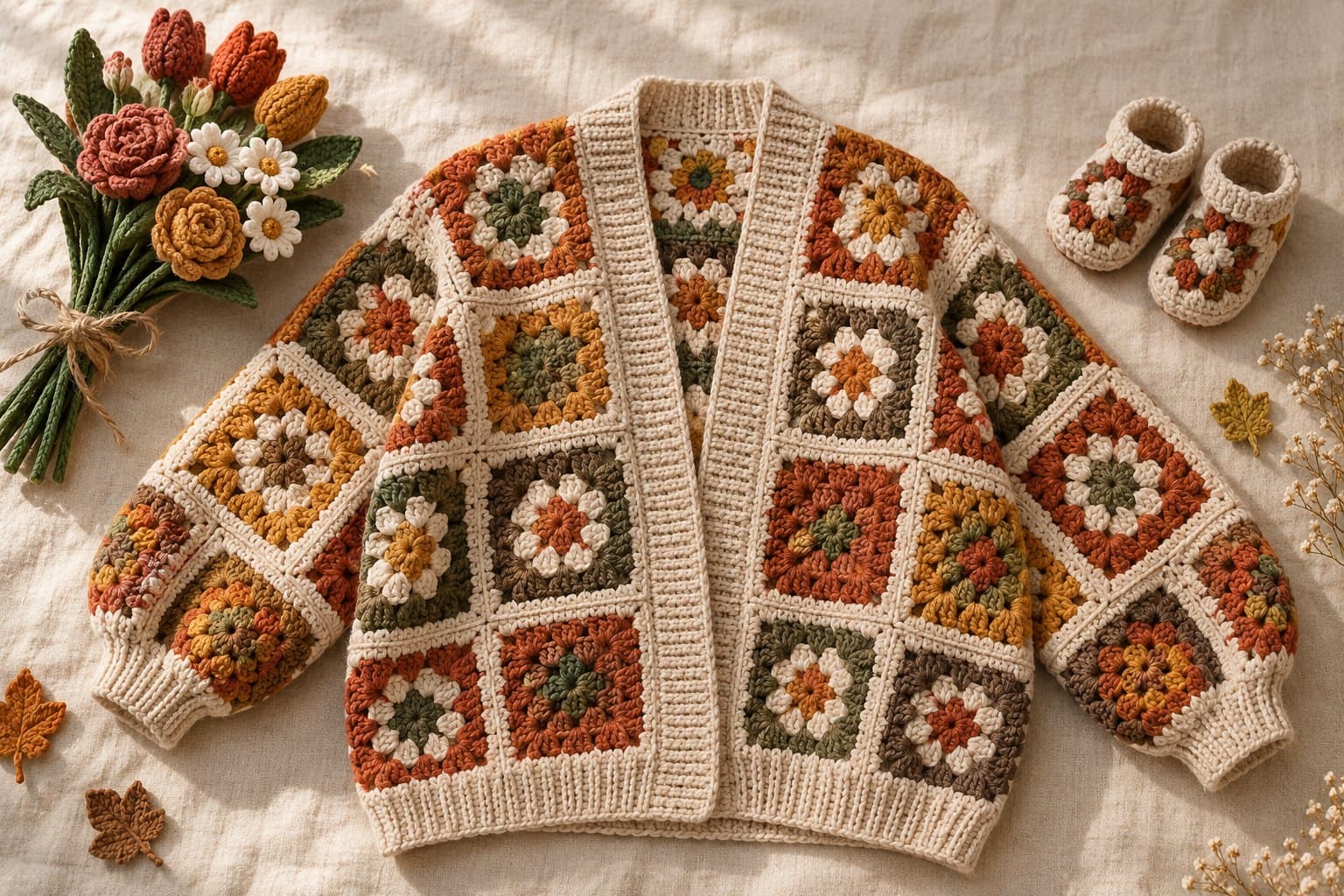 Oversized crochet granny square cardigan in cream, rust, olive and mustard