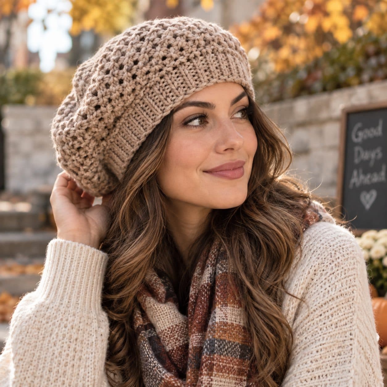 Woman wearing a beige slouchy crochet beret and a plaid scarf outdoors in autumn