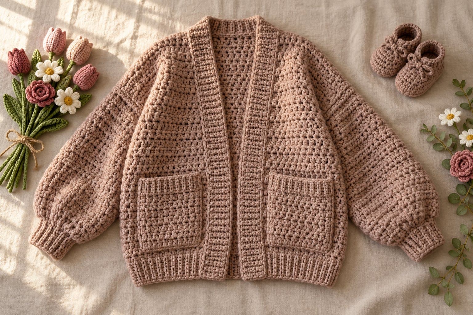 Dusty rose chunky crochet cardigan with dropped shoulders, roomy sleeves and patch pockets