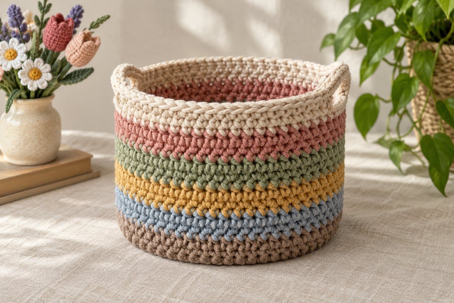 Round striped crochet storage basket made from cream and multicolored scrap yarn
