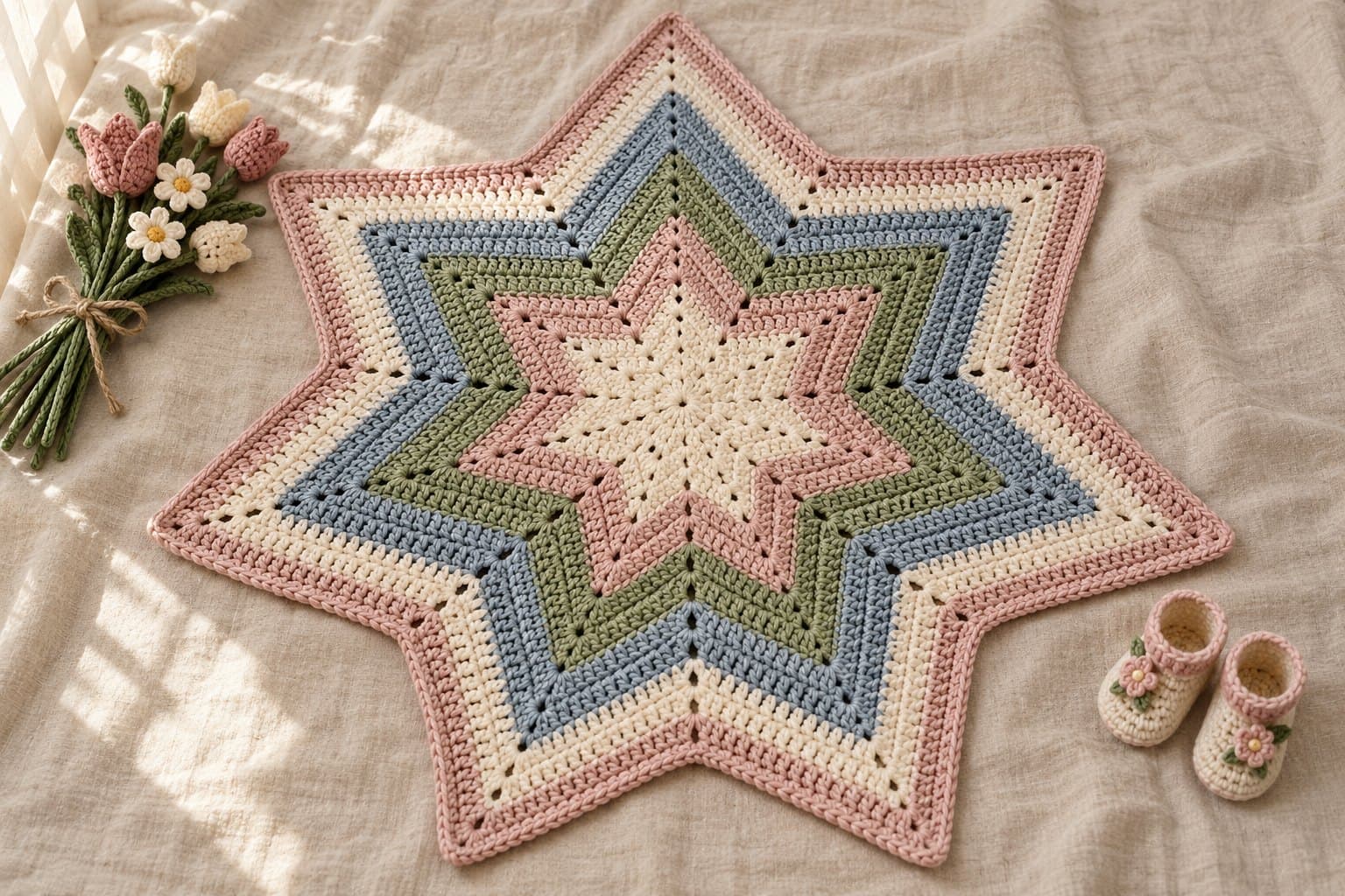 Star-shaped crochet blanket with cream, sage, dusty blue and blush repeating bands